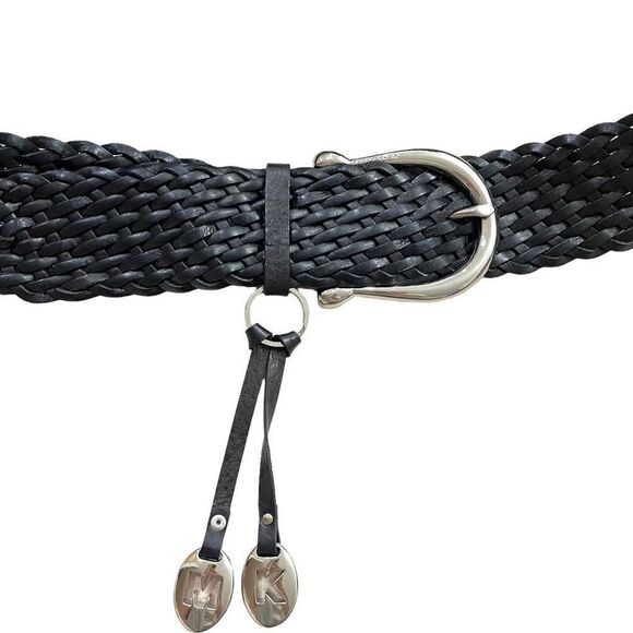 Michael Kors leather braided equestrian belt designer logo charms silver‎ black main image 6